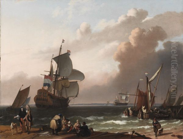Coastal Scene with a Man-of-War and other Vessels - view 1