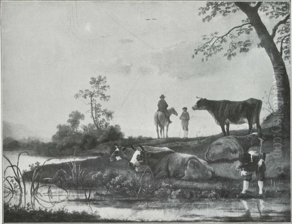 Four Cows by a River with Herdsmen and a Horseman - view 1