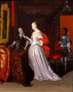 Young woman with a letter and two servants in a distinguished interior Young woman with a letter and two servants in a distinguished interior