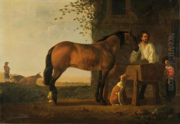 Brown horse standing by a trough - view 1