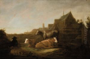 A herdsmen in a field, the Duitse Huis in Utrecht beyond A herdsmen in a field, the Duitse Huis in Utrecht beyond