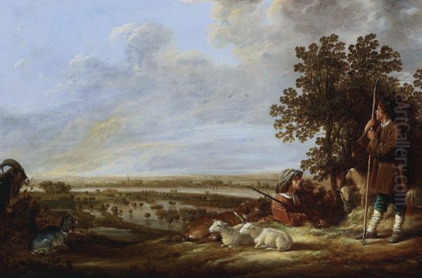 Landschap met twee herders en hun dieren; op de achtergrond gezicht op overstroomde uiterwaarden van een rivier - view 1