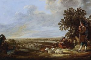 Landschap met twee herders en hun dieren; op de achtergrond gezicht op overstroomde uiterwaarden van een rivier
