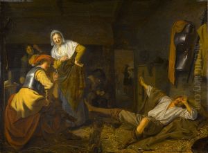 Stable interior with a soldier waking up and smiling onlookers by Ludolf de Jongh