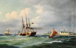 Marinemaleri pa Kronborg med talrige skibe og en pilot bad by Carl Bille