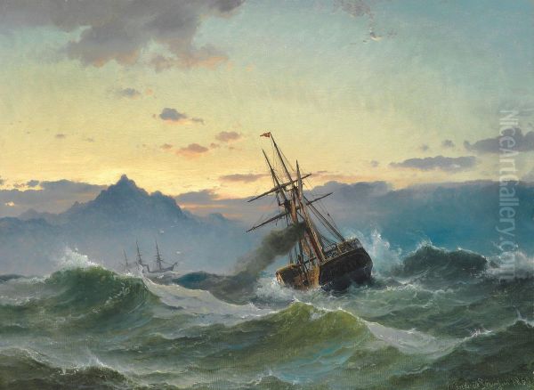 Paddle steamer in a heavy sea - view 1