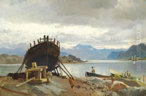 Scene from a shipbuilding site in Norway. by Carl Frederik Sorensen