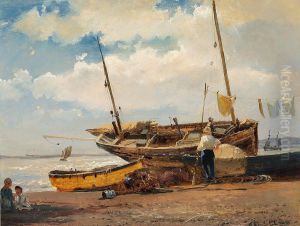 Strandparti med to bade trukket op pa land, hvor vasketojet haenger til torre. by Carl Frederik Sorensen