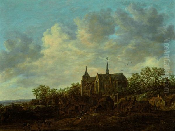 View of a village with a large Gothic church - view 1