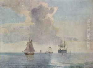 A ship of the line anchored and surrounded by smaller vessels by Carl Frederik Sorensen