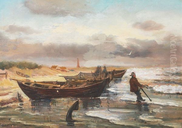 Fishermen and boats on the beach at Skagen, Denmark. - view 1