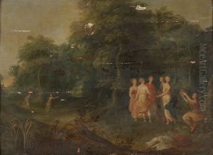 A Wooded Landscape with Nymphs Dancing by Adriaen Van Stalbemt