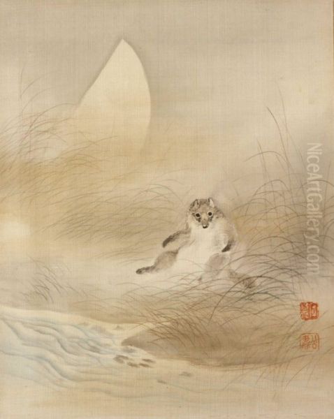 Tanuki (racoon) with Autumn Moon - view 1