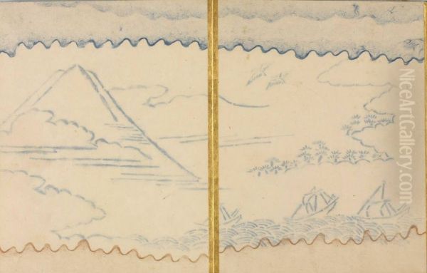 Mt. Fuji with Cranes and Fishing Boats - view 1