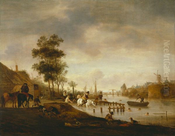 River Landscape with Swimmers - view 1