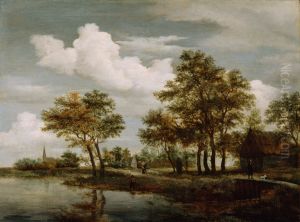 A River Scene by Meindert Hobbema