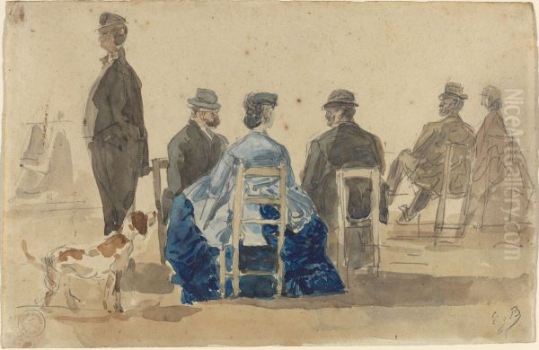 Ladies and Gentlemen Seated on the Beach with a Dog - view 1