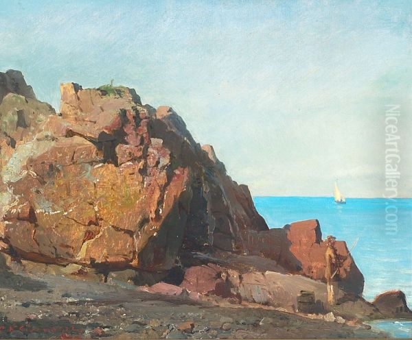 An angler on a rocky shore. - view 1