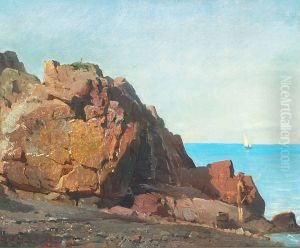 An angler on a rocky shore. by Carl Frederik Sorensen