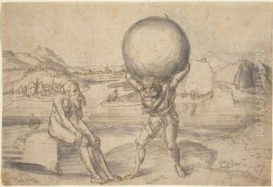 Herkules nimmt Atlas die Last der Weltenkugel by Lucas Cranach the Elder