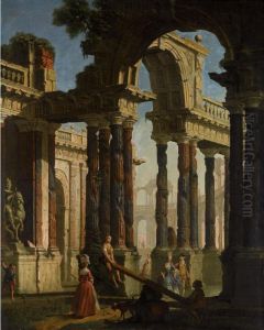 An Architectural Capriccio With Elegant Figures Promenading Among Antique Ruins, Children Playing Seesaw In The Foreground