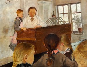 A lesson in the village school. A little girl is standing next to the teacher, four other girls seated on the school bench by Laurits Andersen Ring