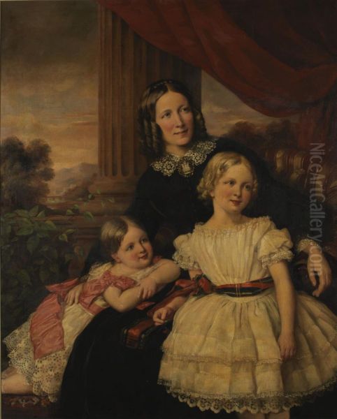 Group portrait of mother & two daughters - view 1