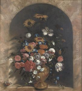 Bloemstilleven in een nis, met een vlinder op de rand by Laurens van der Vinne