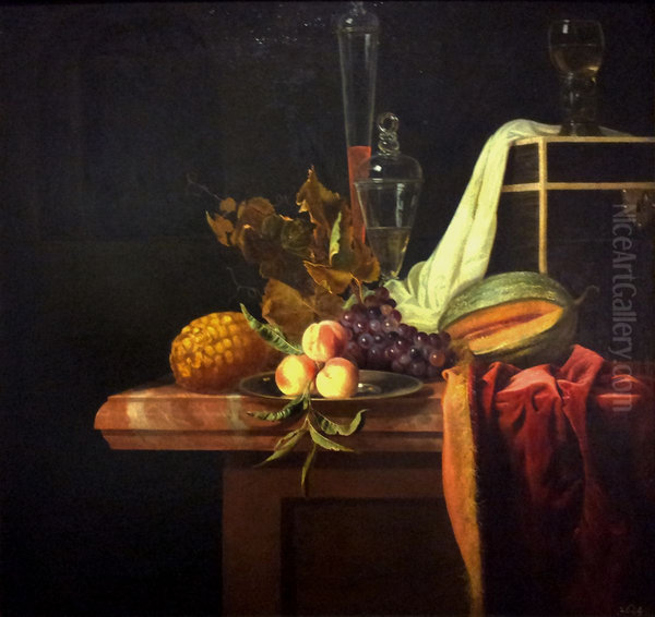 Still life with fruit and glasswere on a marble table - view 1