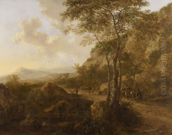 Mountain landscape with muleteers on a track - view 1