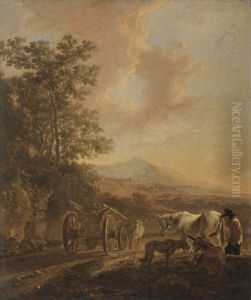 Shepherd with an oxcart in an Italianate landscape