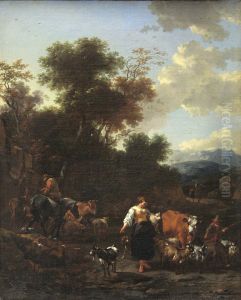 Italienische Landschaft mit Hirten an einem Flusslauf by Nicolaes Pieterszoon Berchem