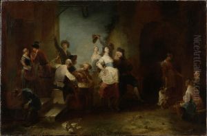 Frohliche Gesellschaft beim Tanz vor einem Wirtshaus by Januarius Zick