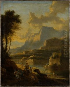 Gebirgige Landschaft mit Reiter in Abendbeleuchtung Gebirgige Landschaft mit Reiter in Abendbeleuchtung