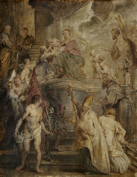 Die mystische Vermahlung der heiligen Katharina (Entwurf fur das Hochaltarbild der Augustinerkirche in Antwerpen), Ruckseite: zwei Reiterkampfe - view 1