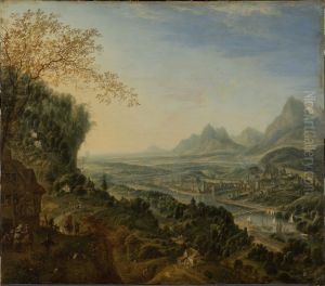 Flusslandschaft mit Rheinmotiven und dem Durchzug eines Heerbannes