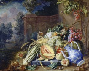 Stillleben mit Gemuse und Fruchten vor einer Gartenbalustrade by Cornelis De Heem