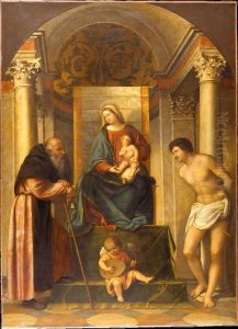 Virgin and Child Enthroned with Saints Anthony Abbot and Sebastian by Alessandro Bonvicino (Moretto da Brescia)