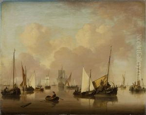 Boote und Segelschiffe auf stiller See by Jan van Os
