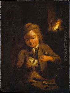 Ein Knabe neckt einen Hund bei Kienspanlicht by Johann Conrad Seekatz