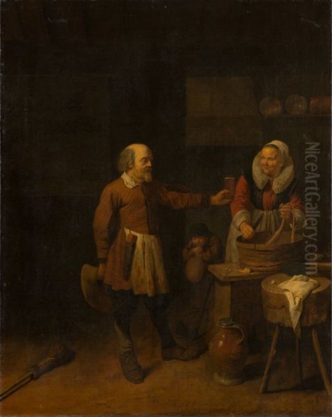 A Butcher Offering a Woman a Glass of Beer - view 1