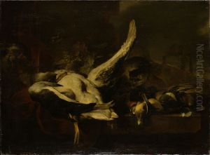 Totes Geflugel, an dem eine Katze frisst by Jan Baptist Weenix