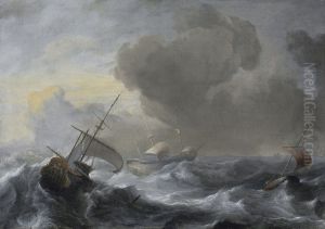 A threemaster with the Amsterdam coat-of-arms, with other vessels, in a storm by Ludolf Bakhuizen
