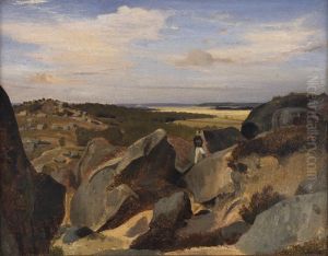 Artiste passant dans un chaos de rochers a Fontainebleau by Jean-Baptiste Camille Corot
