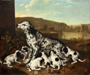 Dalmatinerhund med hvalpe