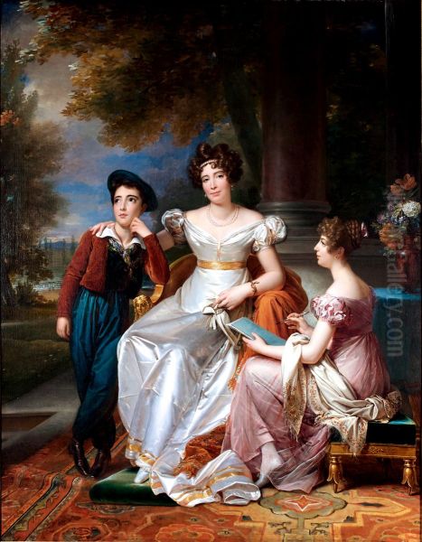 Portrait de la comtesse du Cayla avec ses enfants Ugoline et Ugolin sur la terrasse du chateau de Saint-Ouen - view 1