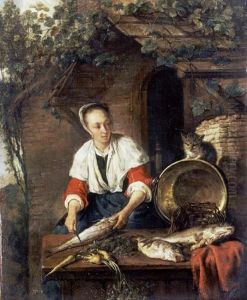 A young woman cleaning fish while a cat looks on by Gabriel Metsu