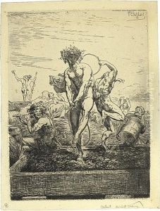 Bacchus Overseeing Attendants Crushing Grapes For Wine. by Nicolas Francois Chifflart