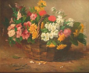 A still life of flowers in a basket by Alfred-Arthur Brunel de Neuville