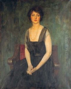 Portrait of Dorothy Duveen seated on a red chair by Ambrose McEvoy